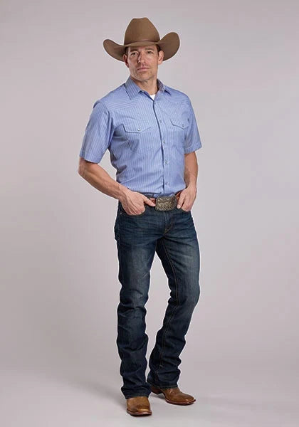 Roper 80/20 Stripes (Blue) - Men's Short Sleeve Western Shirt