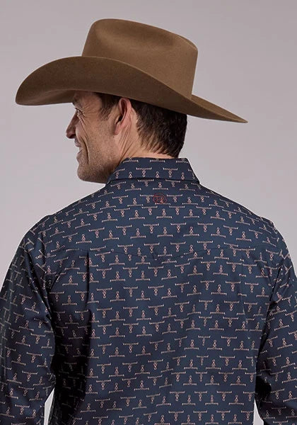 Roper 3287 Longhorn Print (Blue) - Men's Western Shirt