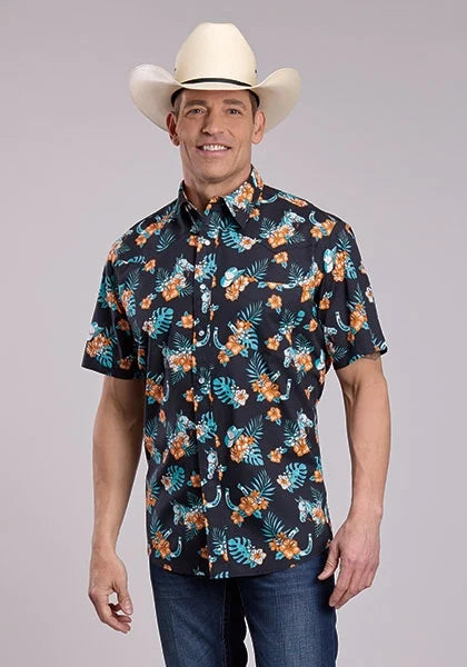 Roper 2834 Hawaiian Print (Black) - Men's Short Sleeve Shirt