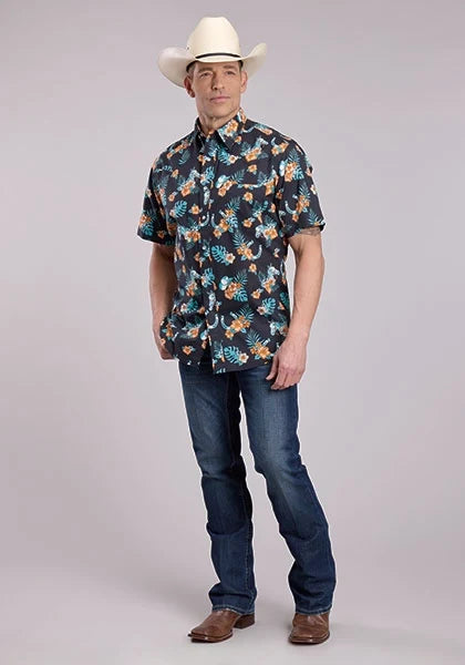 Roper 2834 Hawaiian Print (Black) - Men's Short Sleeve Shirt