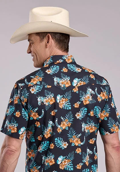 Roper 2834 Hawaiian Print (Black) - Men's Short Sleeve Shirt