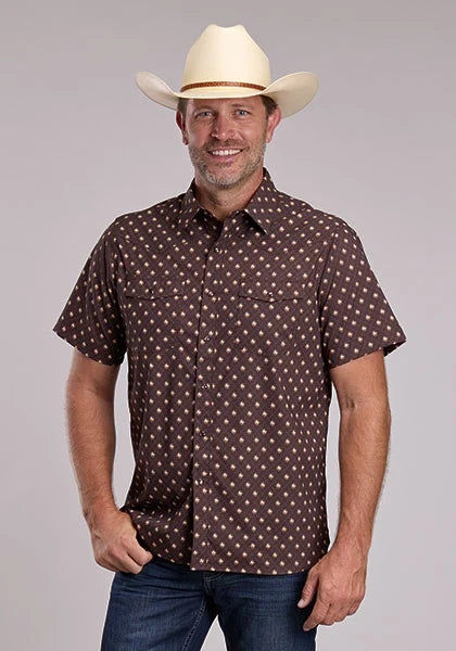 Roper 3013 Argyle Print (Brown) - Men's Short Sleeve Shirt