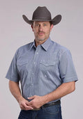 Roper 2892 Stretch Minicheck (Blue) - Men's Short Sleeve Shirt