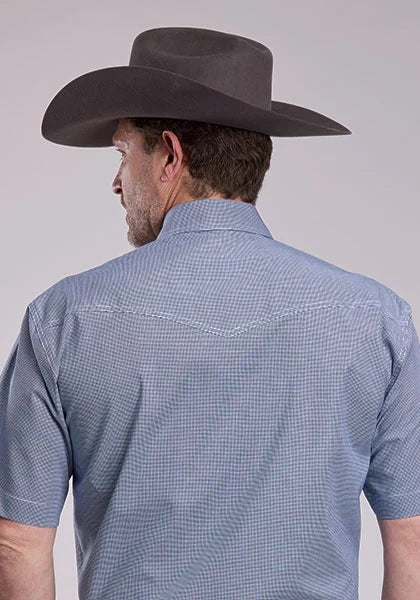 Roper 2892 Stretch Minicheck (Blue) - Men's Short Sleeve Shirt