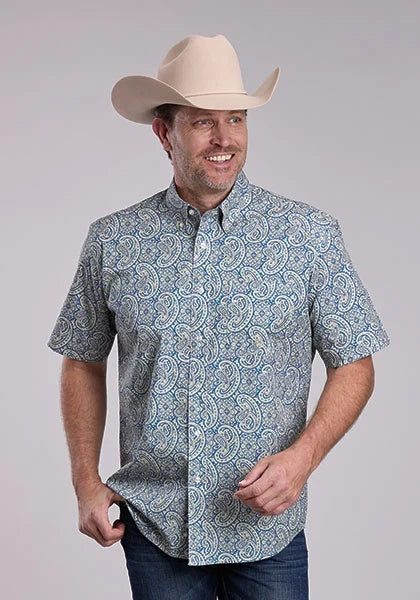 Roper 2884 Line Paisley (Blue) - Men's Short Sleeve Shirt