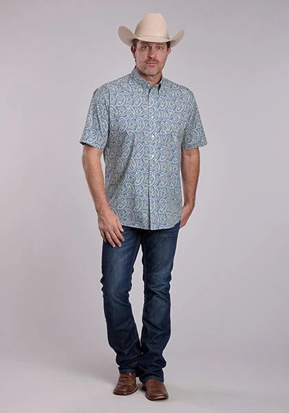 Roper 2884 Line Paisley (Blue) - Men's Short Sleeve Shirt