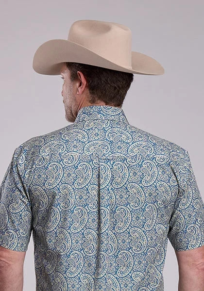 Roper 2884 Line Paisley (Blue) - Men's Short Sleeve Shirt