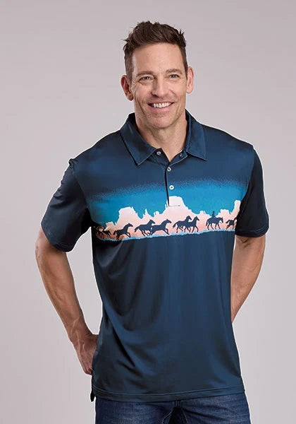 Roper 3018 Mesa Border (Blue) - Men's Activewear Shirt