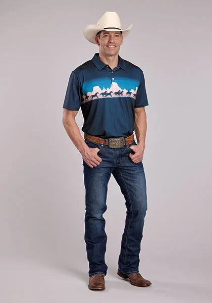 Roper 3018 Mesa Border (Blue) - Men's Activewear Shirt