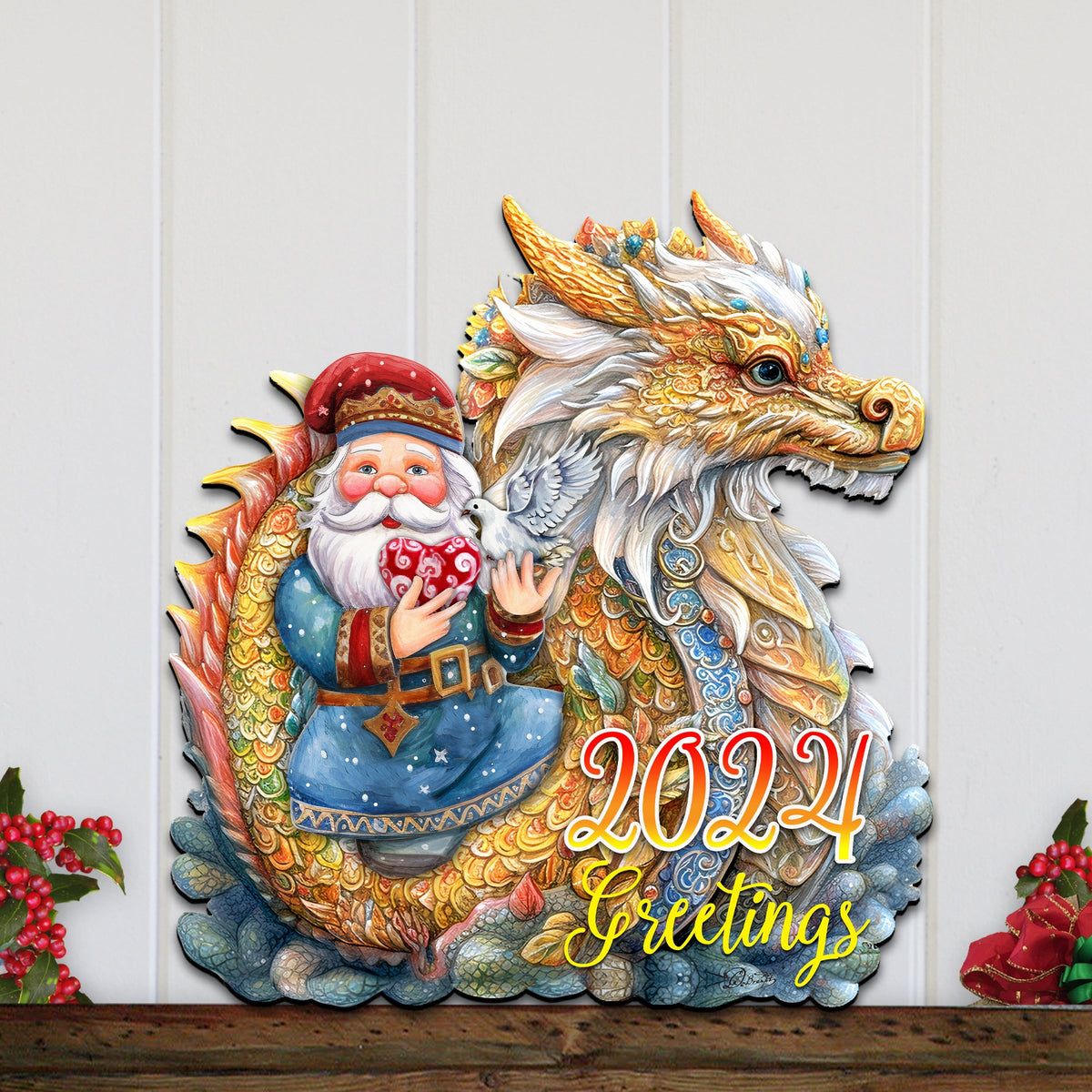 2024 Dated Santa with Dragon Holiday Door Decor by G. Debrekht - Christmas Santa Snowman Decor - 8611088H