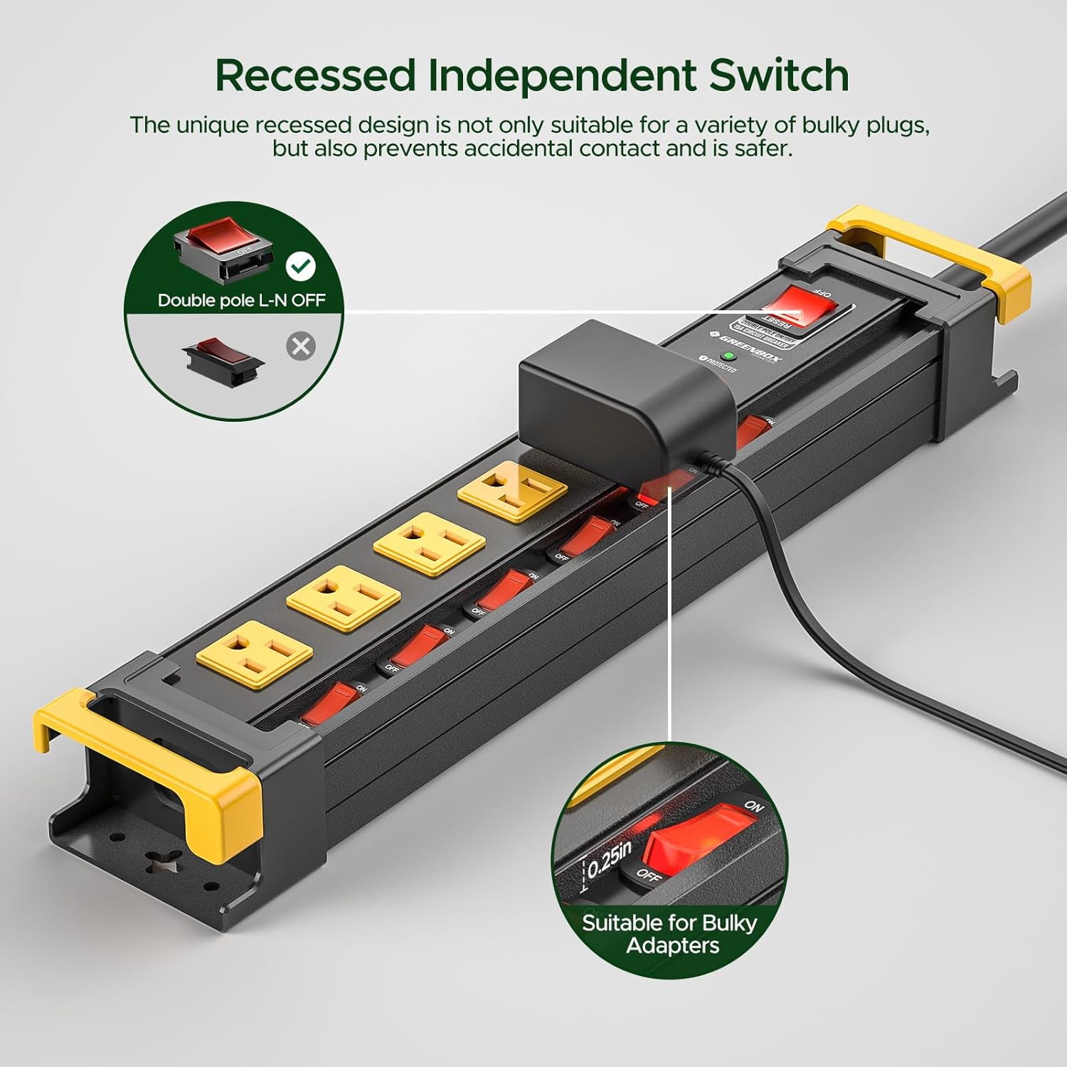 Mountable Metal Power Strip with Individual Switches | 6–12 Outlets Dual-Pole Master Switch, 3300J Surge Protector ETL Listed