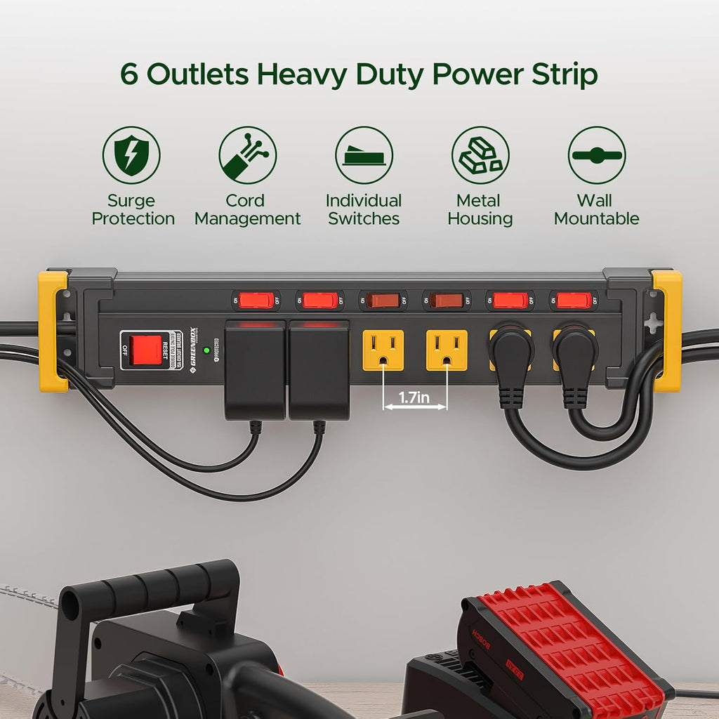 Mountable Metal Power Strip with Individual Switches | 6–12 Outlets Dual-Pole Master Switch, 3300J Surge Protector ETL Listed
