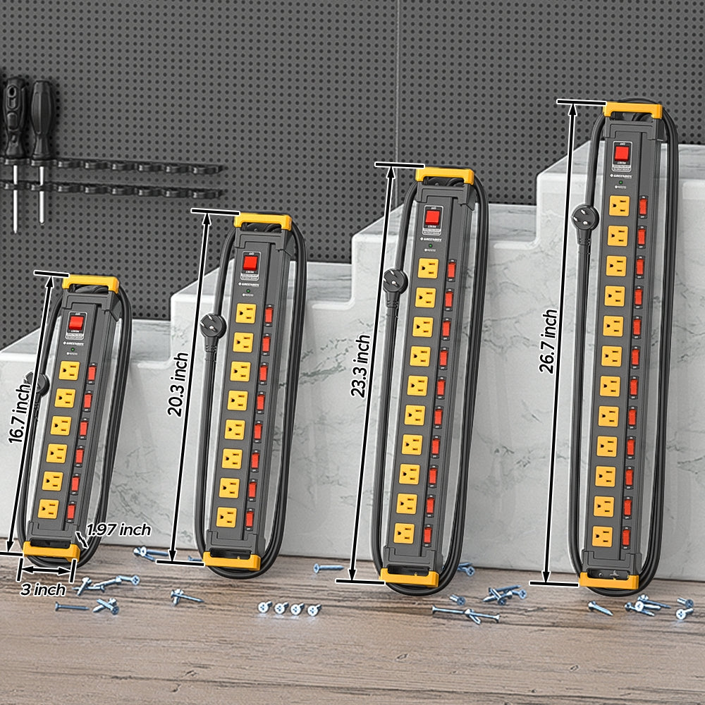 Mountable Metal Power Strip with Individual Switches | 6–12 Outlets Dual-Pole Master Switch, 3300J Surge Protector ETL Listed