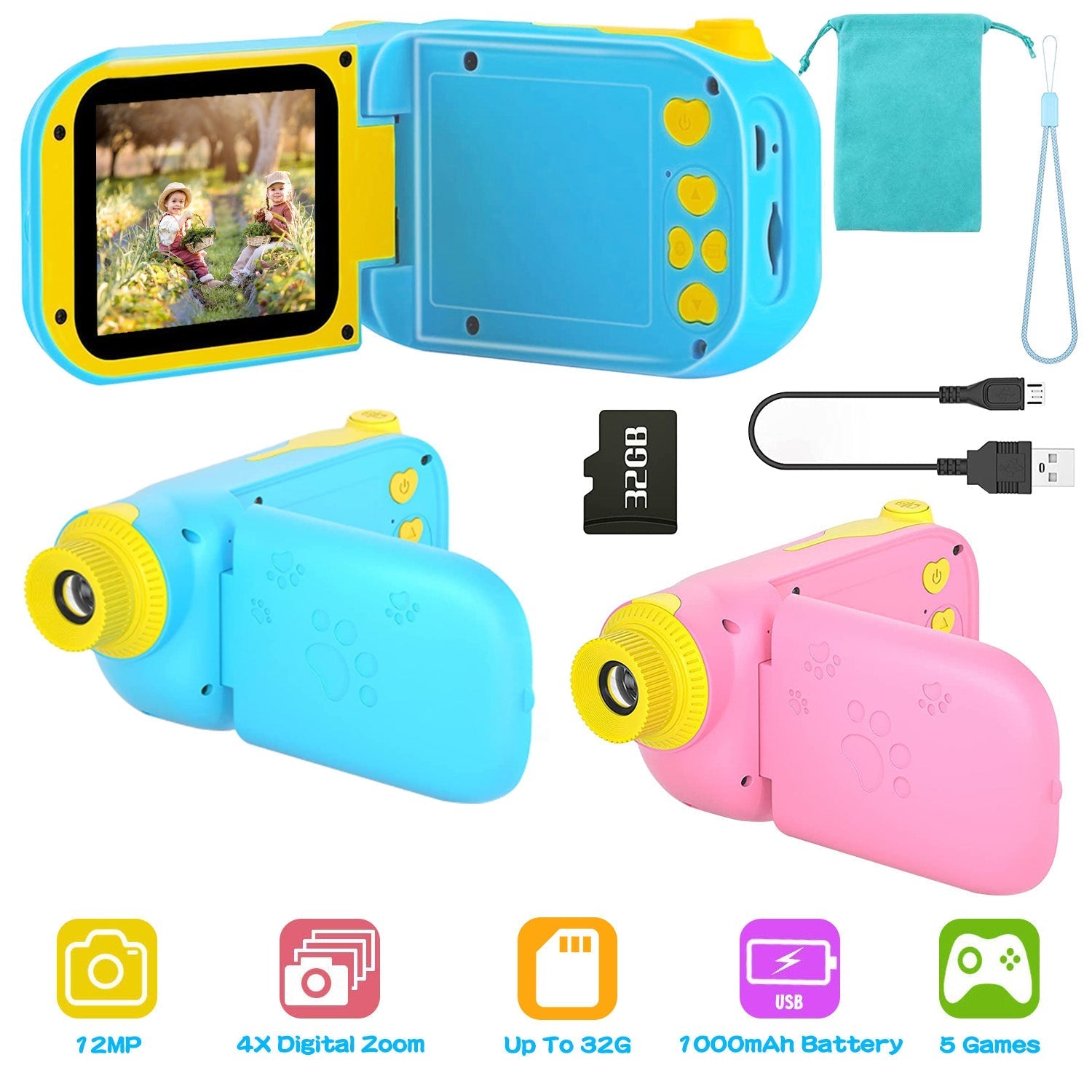 Kids Digital Camera Child Video Camera Children Camcorder Christmas Toy Birthday Gifts with 2.4in Screen 4X Digital Zoom 5 Games 32G MMC Card for 3-10