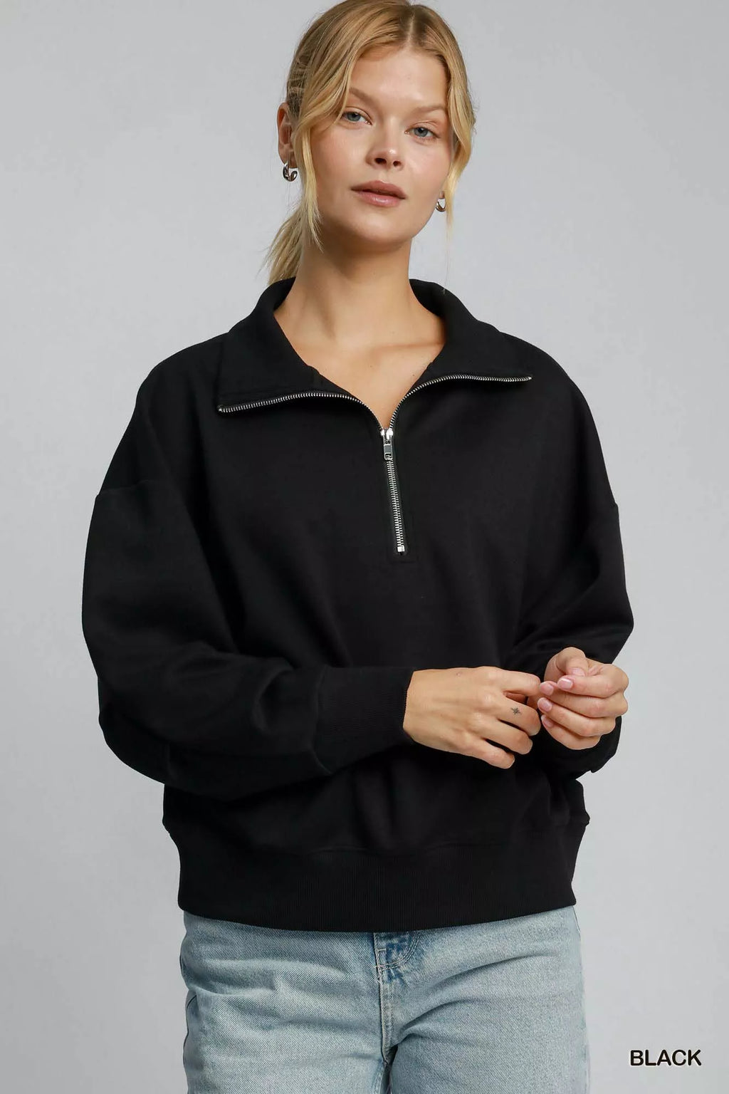Umgee Half Zip Drop Shoulder Sweatshirt