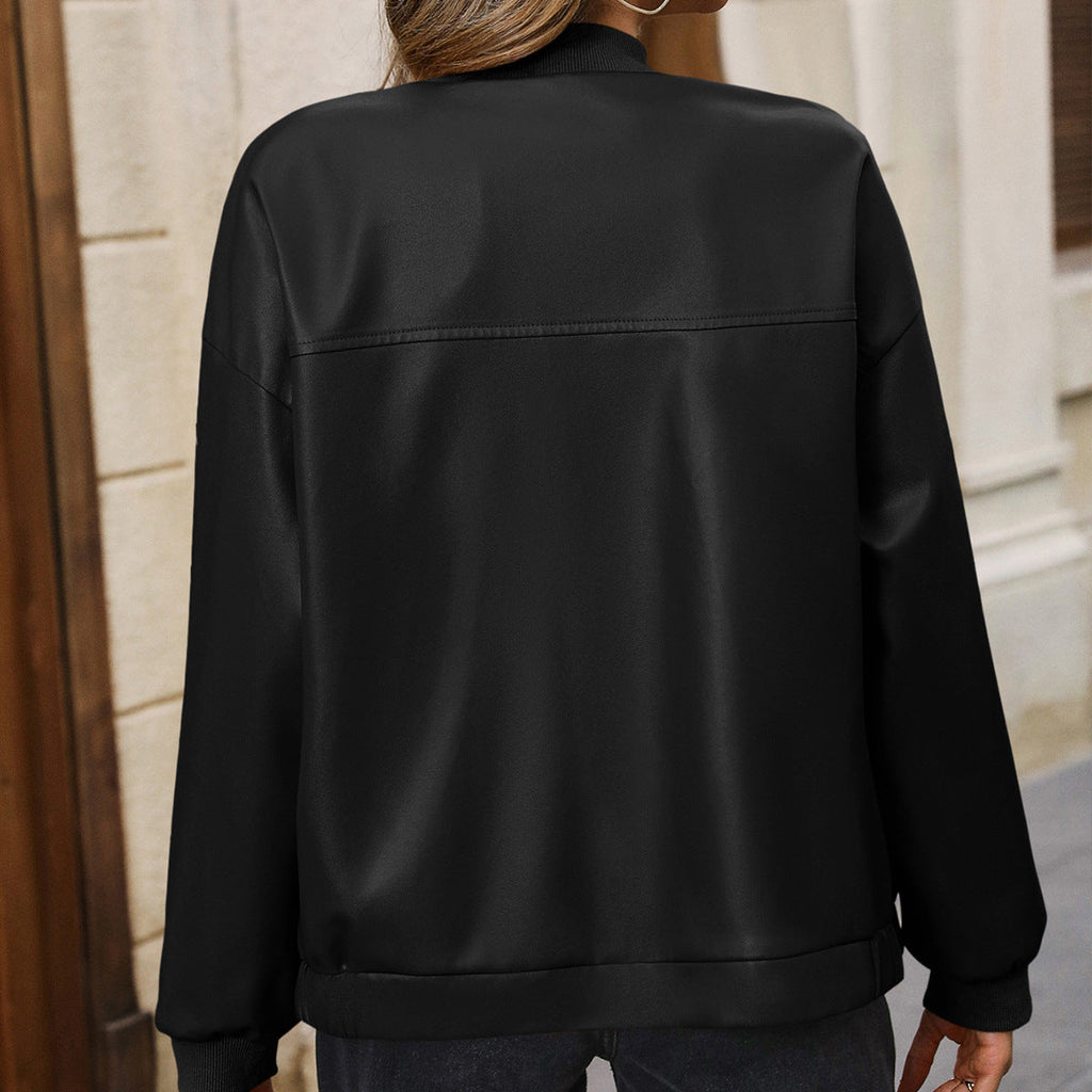 Women's Solid Color European And American Leisure Short Leather Jacket