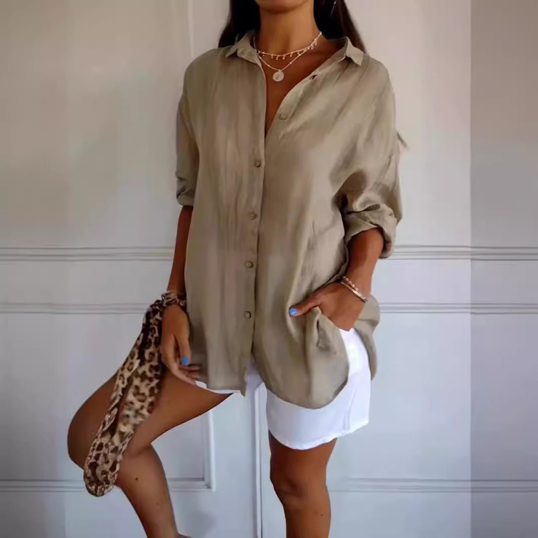 Women’s Lapel Long Sleeve Cardigan Shirt – Single-Breasted Pleated