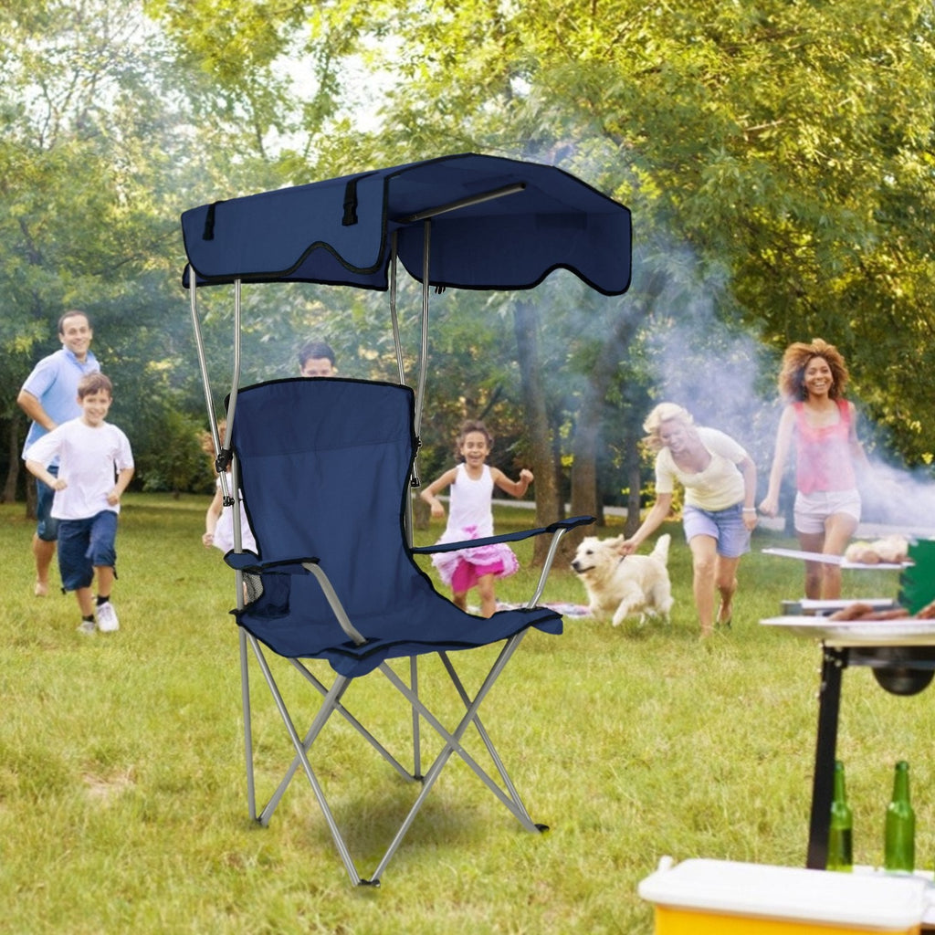 Foldable Beach Canopy Chair Sun Protection Camping Lawn Canopy Chair 330LBS Load Folding Seat w/ Cup Holder For Beach Poolside Travel Picnic