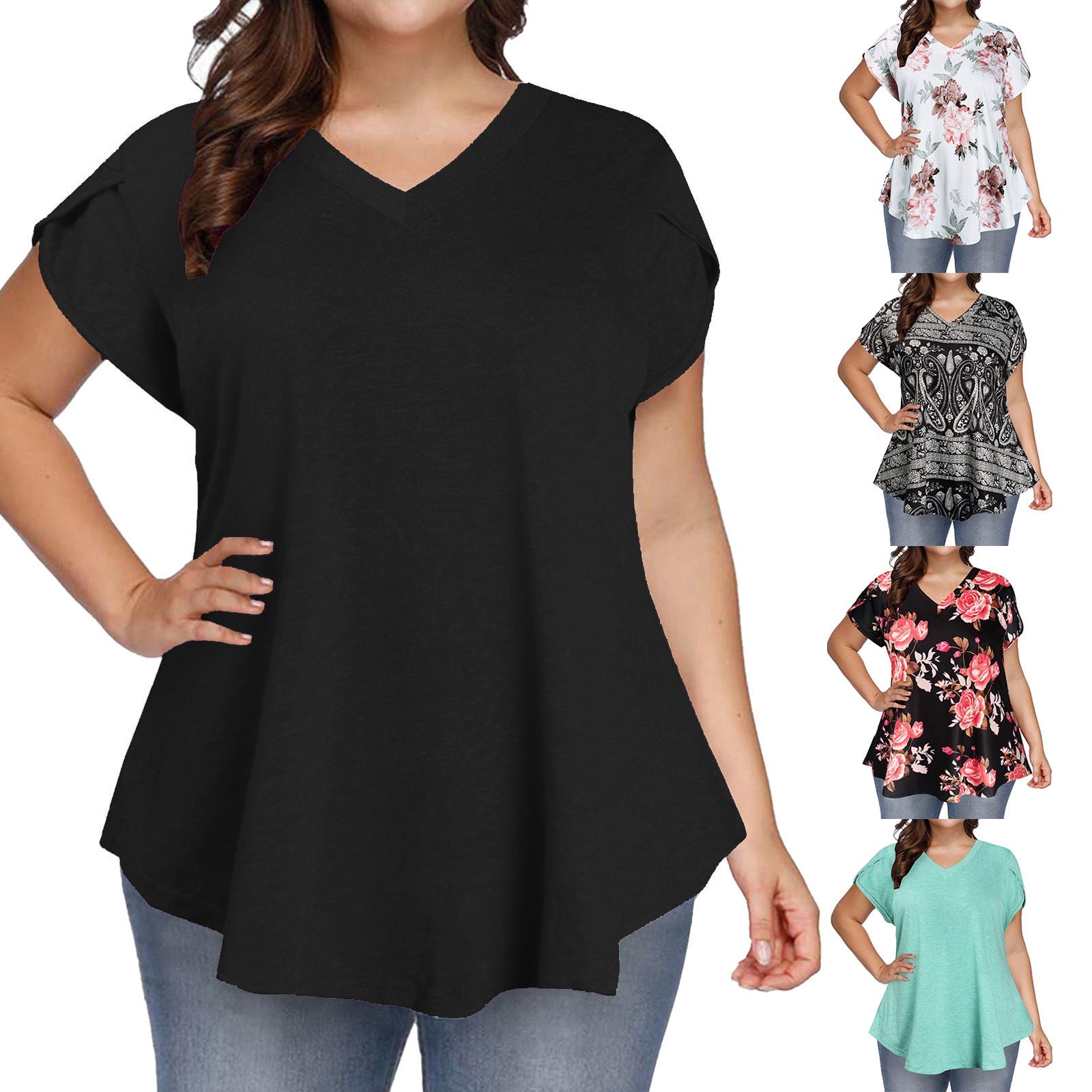 V-Neck Petal Sleeve Relaxed-Fit Top – Casual Street Style