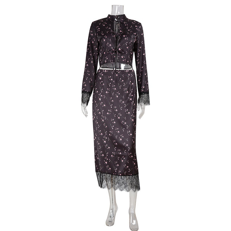 Women's Printed Long-Sleeve Lace Patchwork Two-Piece Skirt Set | S–L