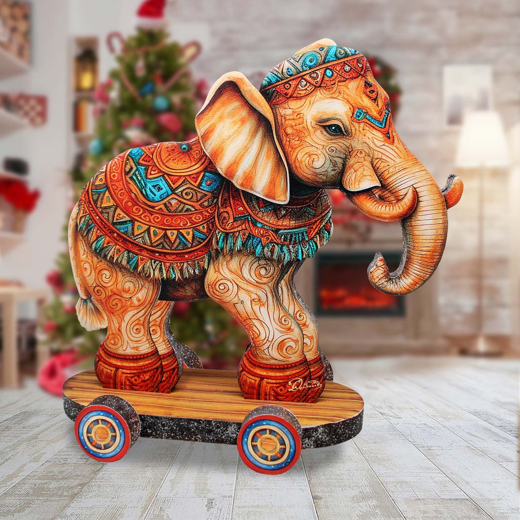 Enchanting Elephant on Wheels Limited Edition Wooden Figurine by G. Debrekht - Christmas Centerpiece Decor - 89309