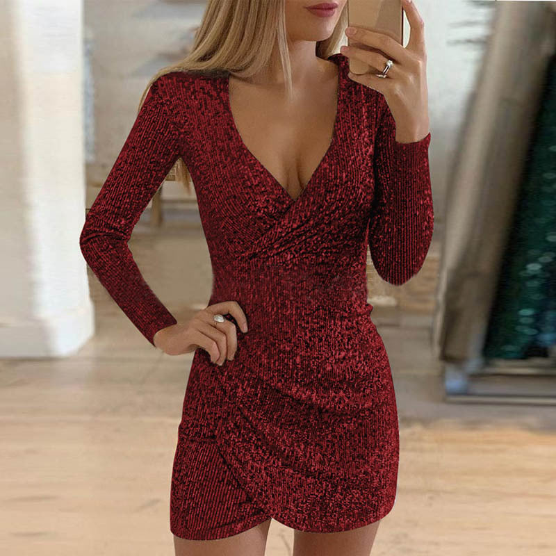 Women’s V-Neck Long Sleeve Dress – Irregular Hem Solid Color