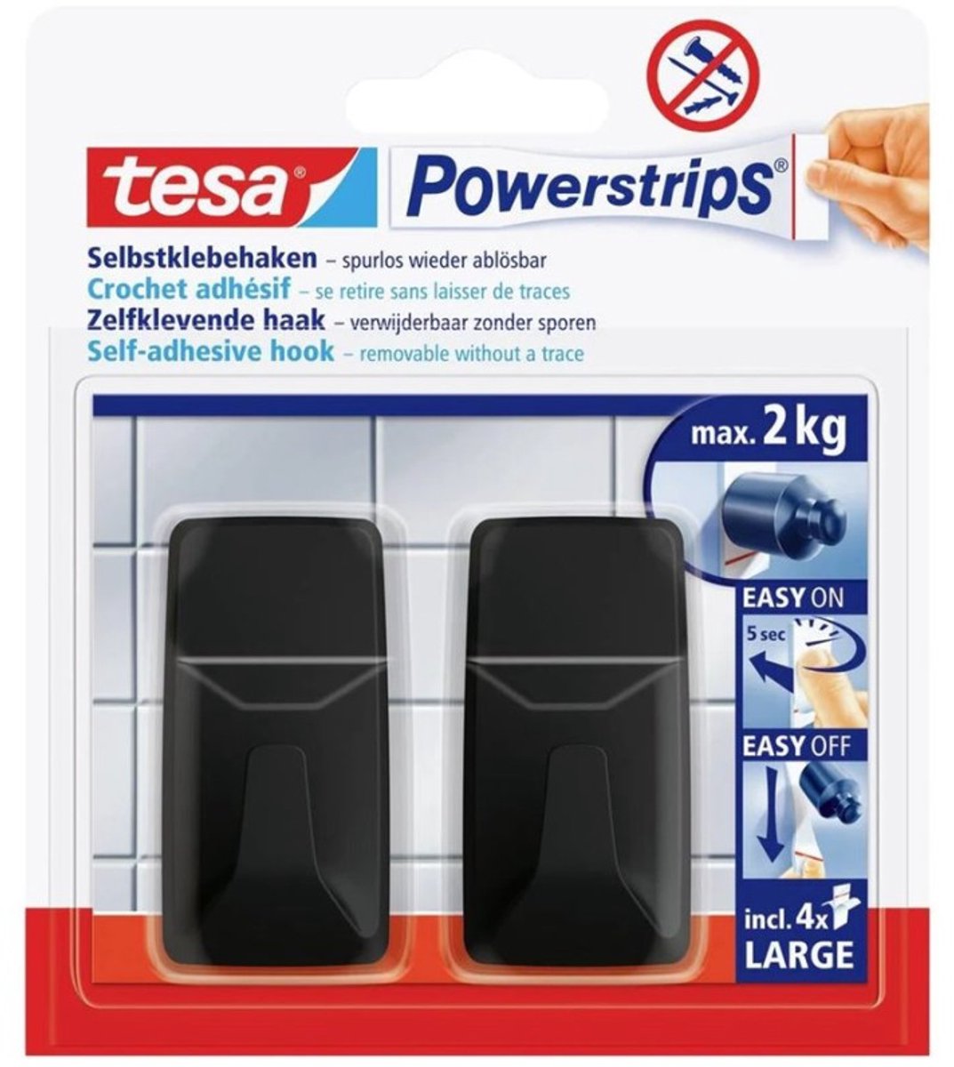 Tesa black hooks l power strips adhesive hook large square (w x h) 20 mm x 50 mm black content: 2 piece(s)