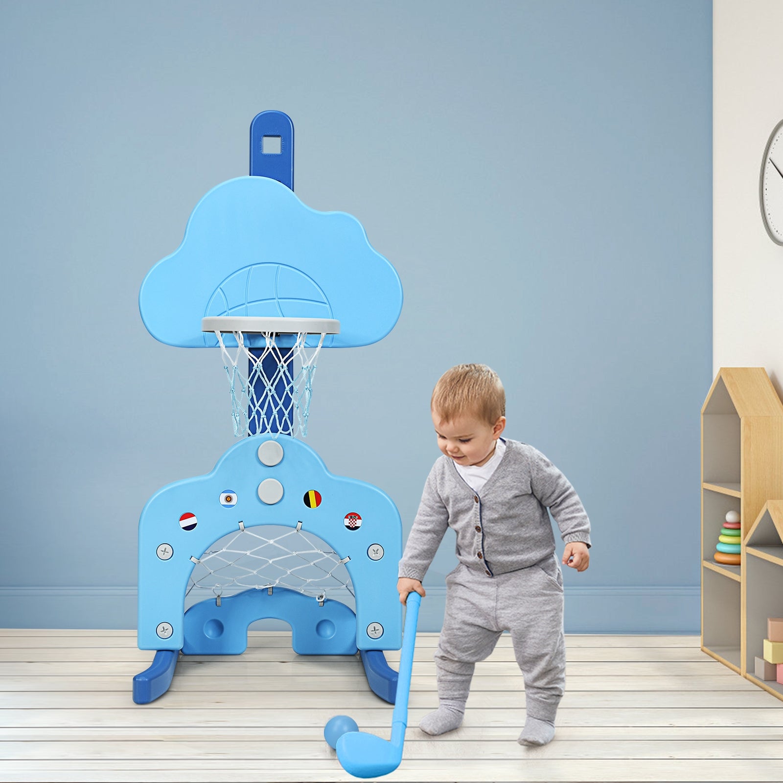3-in-1 Kids Basketball Hoop Set with Balls-Blue