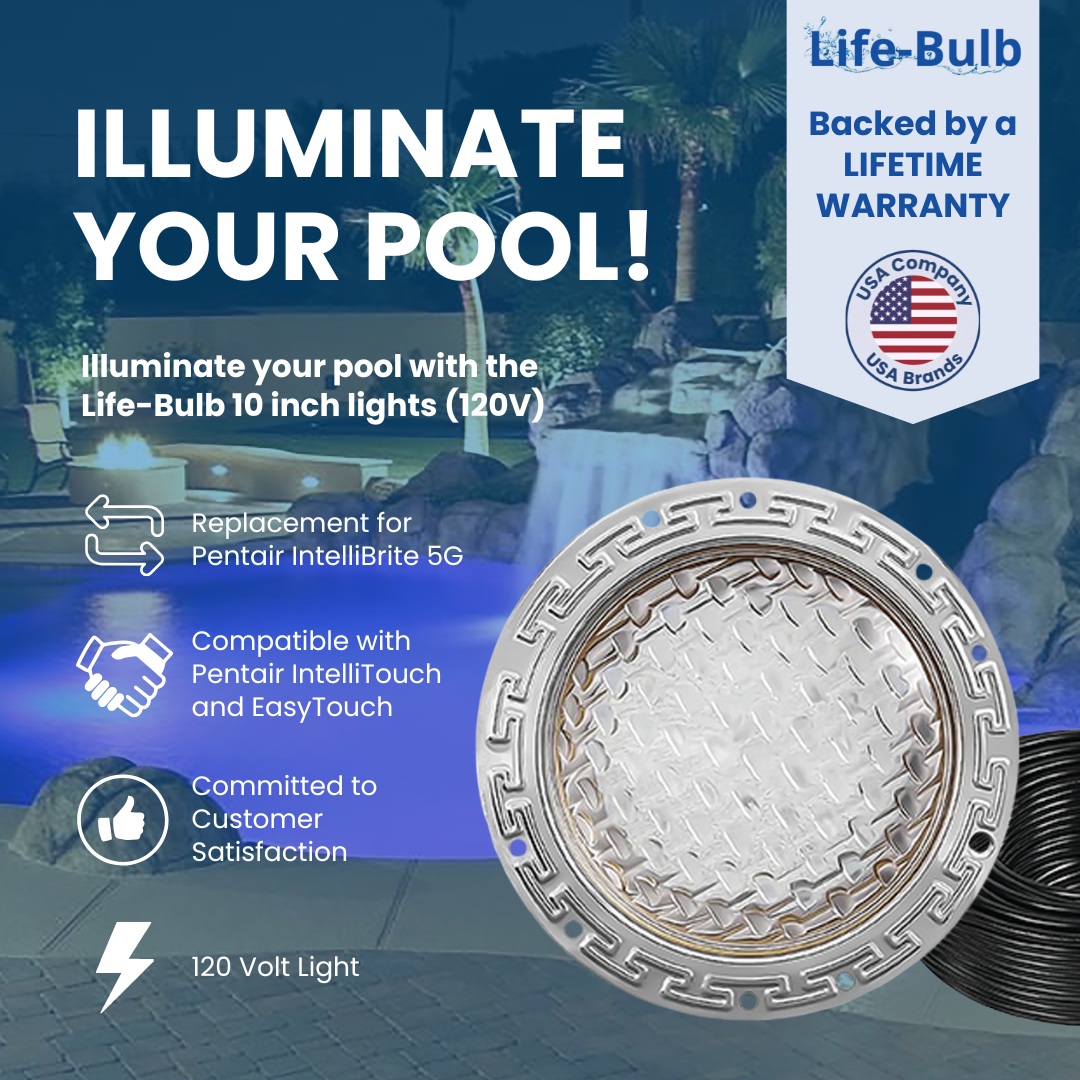 Life-Bulb 10" Color LED Inground Pool Light (100ft Cord) | Replaces Pentair IntelliBrite 5G (120V) | Lifetime Replacement Program
