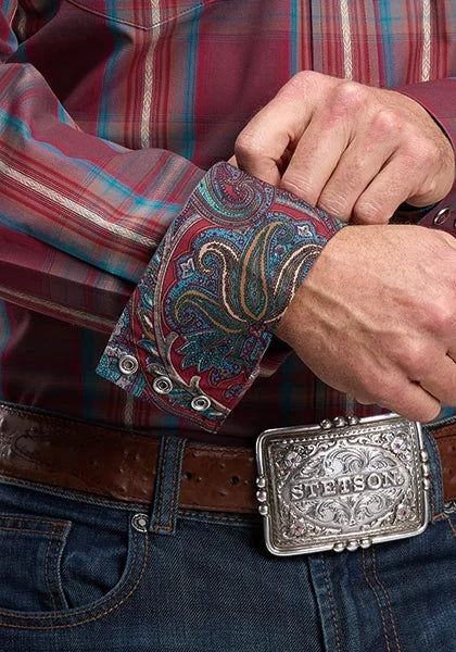 Stetson 3210 Dobby Plaid (Wine) - Men's Western Shirt