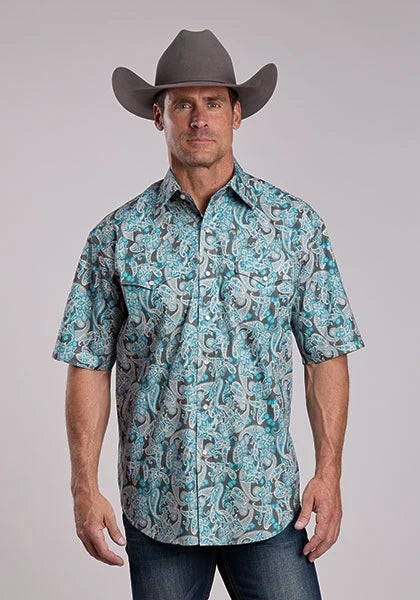 Stetson 2868 Paisley Poplin (Turquoise) - Men's Short Sleeve Shirt