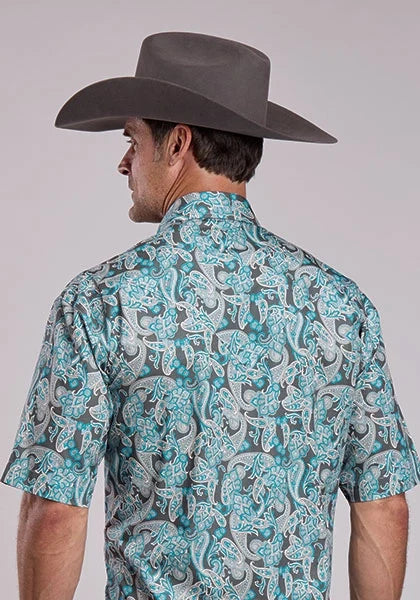 Stetson 2868 Paisley Poplin (Turquoise) - Men's Short Sleeve Shirt