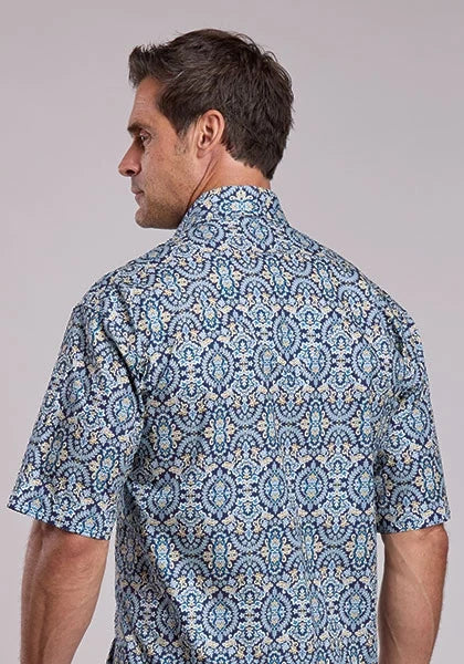 Stetson 2874 Poplin Medallions (Blue) - Men's Short Sleeve Shirt
