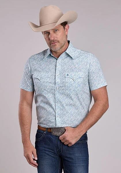 Stetson 3004 Victorian Floral (Blue) - Men's Short Sleeve Shirt
