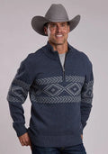 Stetson 3182 Woven Aztec (Blue) - Men's Quarter Zip Sweater