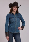 Stetson Leather Collar (Blue) - Women's Denim Shirt