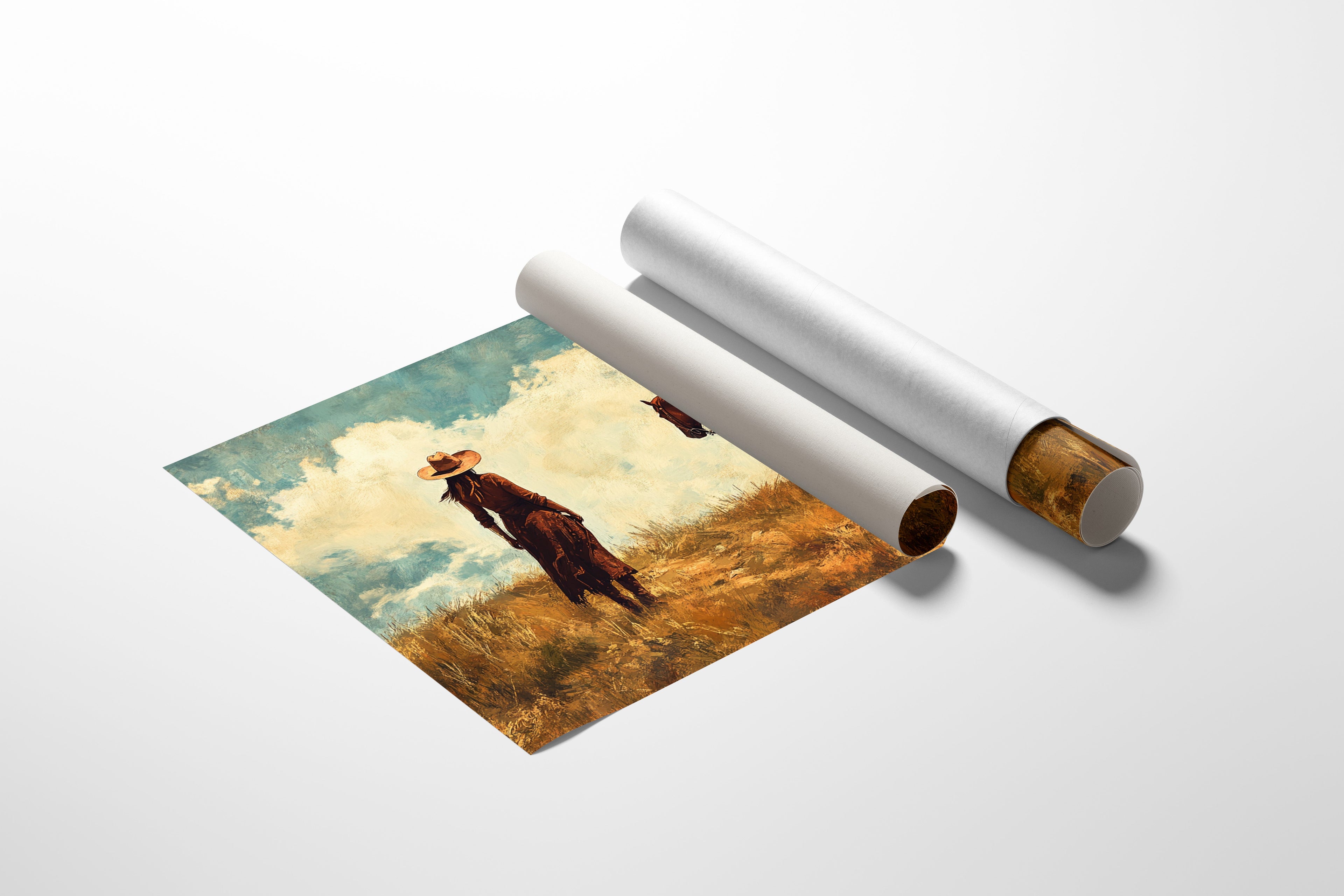 Cowgirl and Horse Under Big Sky