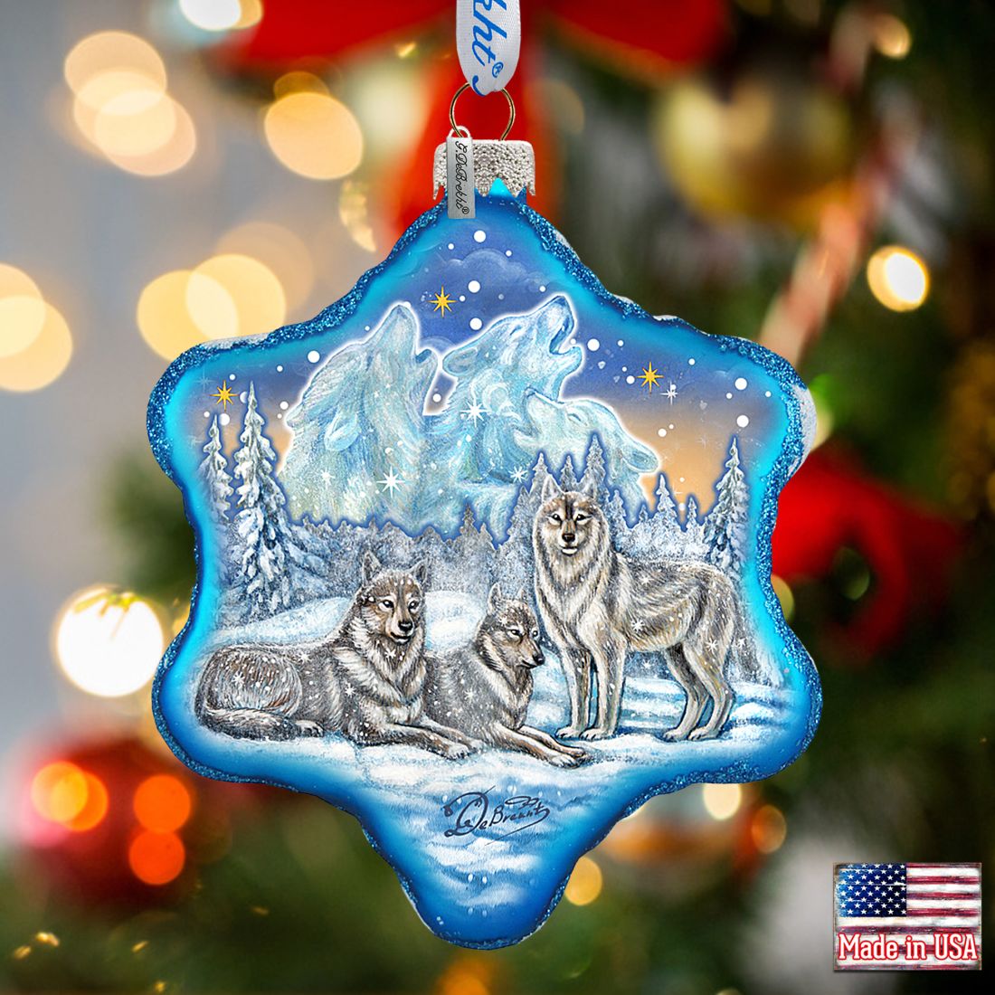 Winter Wolves Snowflake Glass Ornament by G. DeBrekht - Wildlife Holiday Decor - 754-012