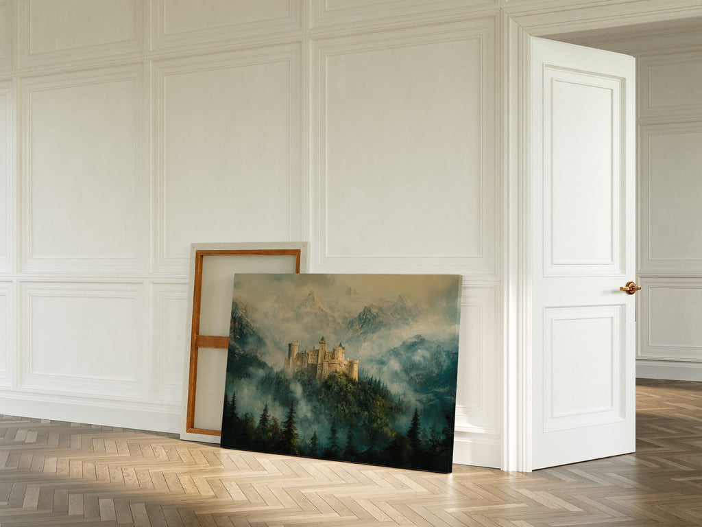 Misty Mountain Castle: Ethereal Fantasy Landscape Canvas Wall Art