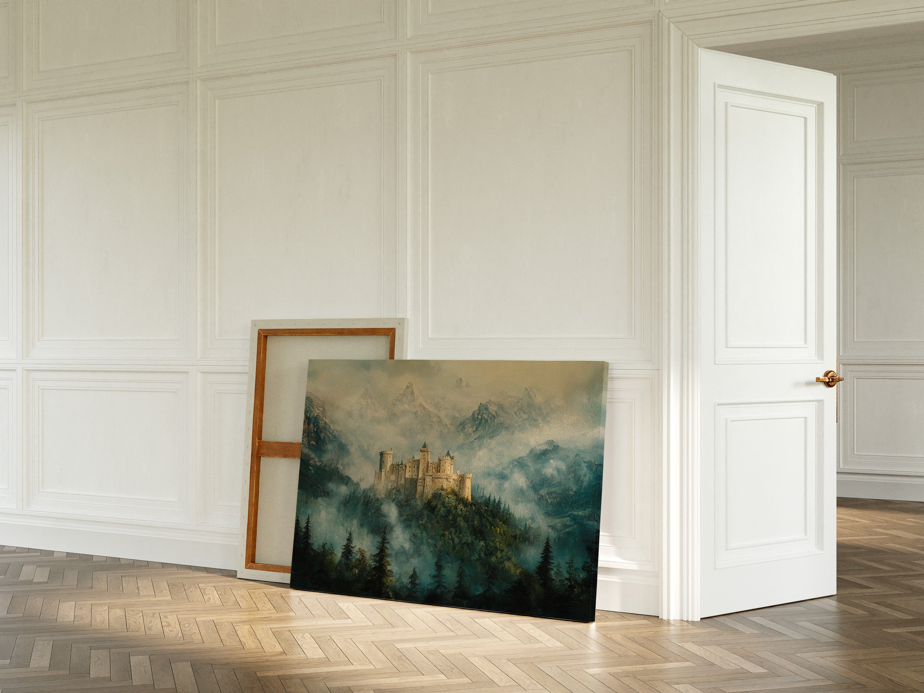 Misty Mountain Castle: Ethereal Fantasy Landscape Canvas Wall Art