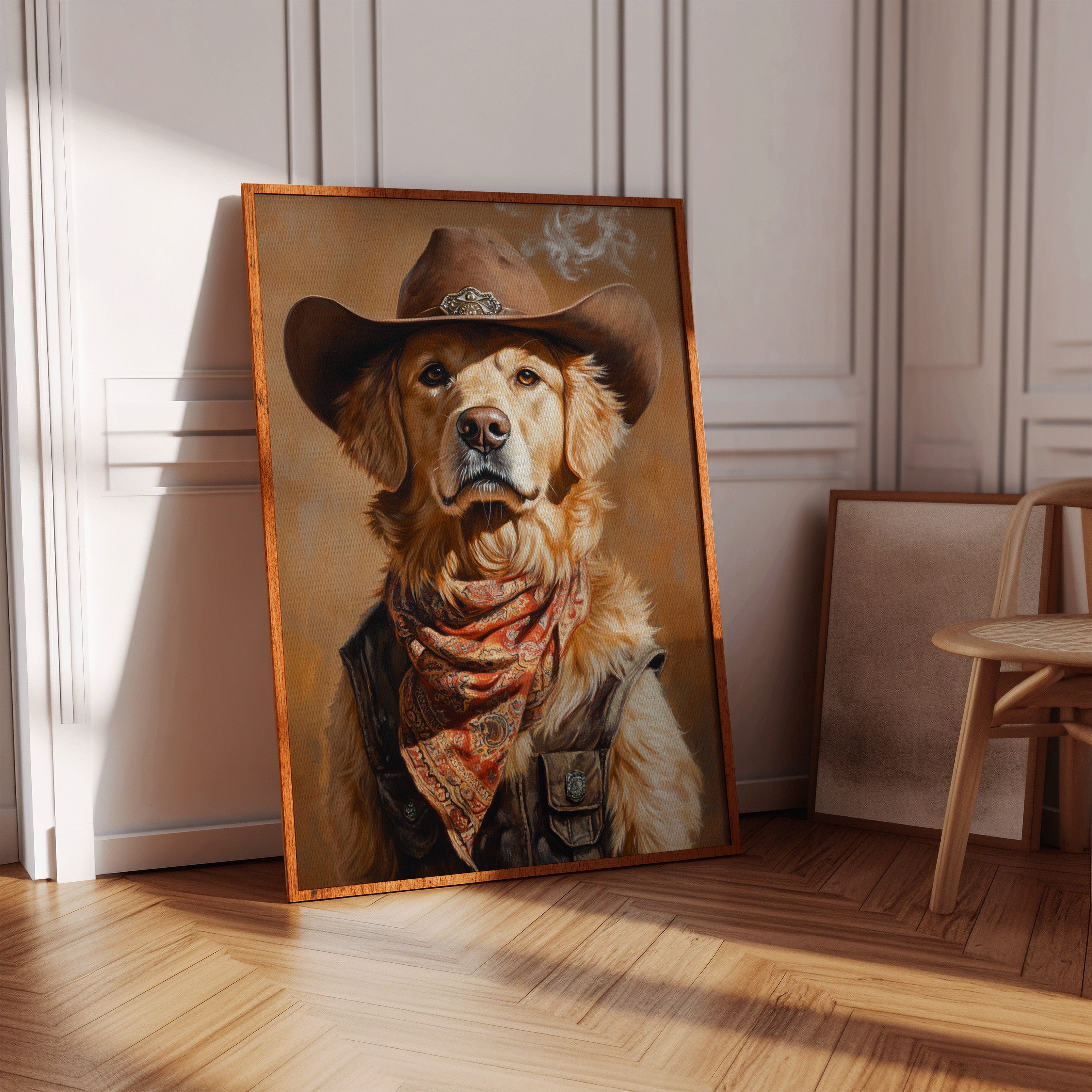 Golden Retriever Gunslinger in a Cowboy Hat