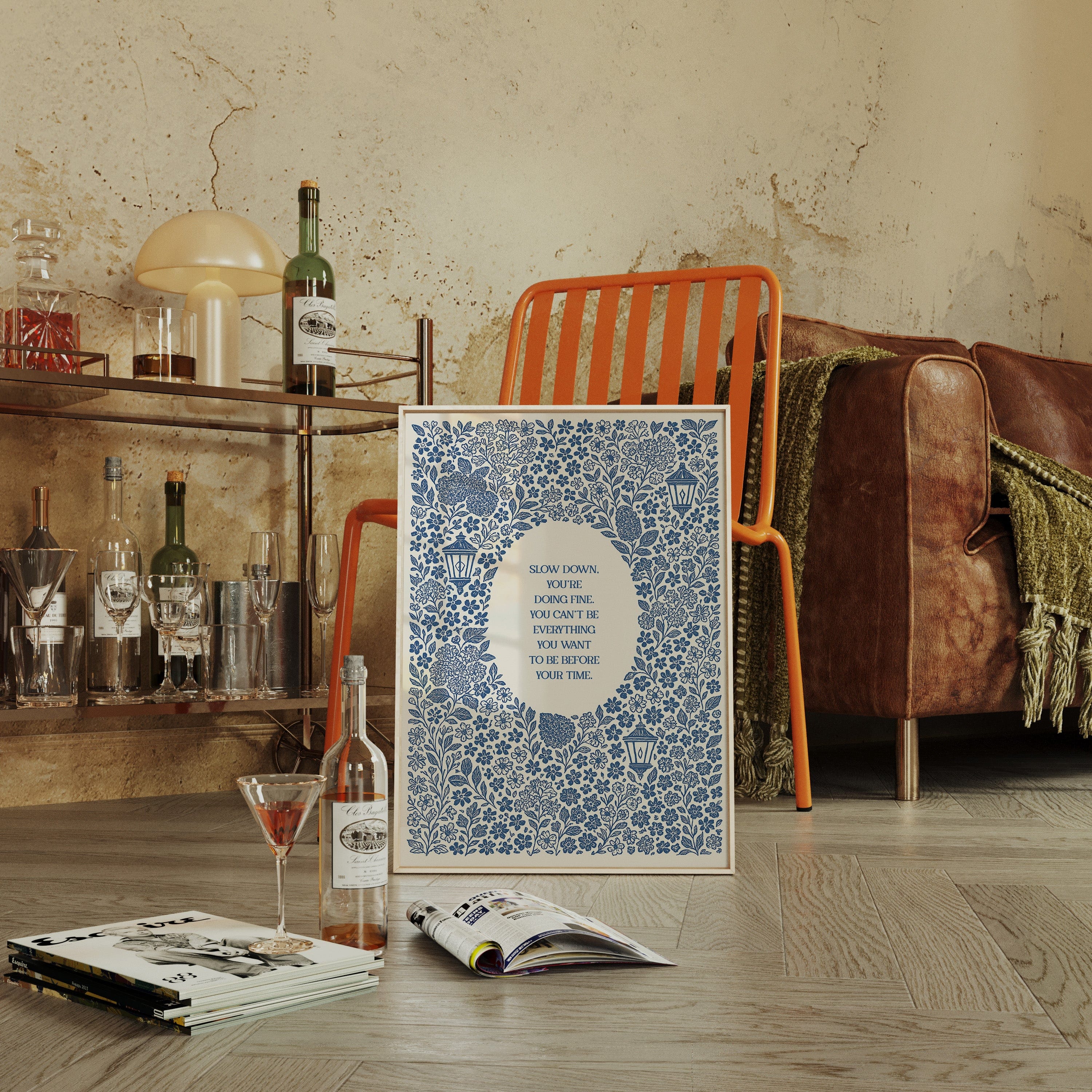 Blue Floral Lantern Quote Print – Slow Down, You’re Doing Fine