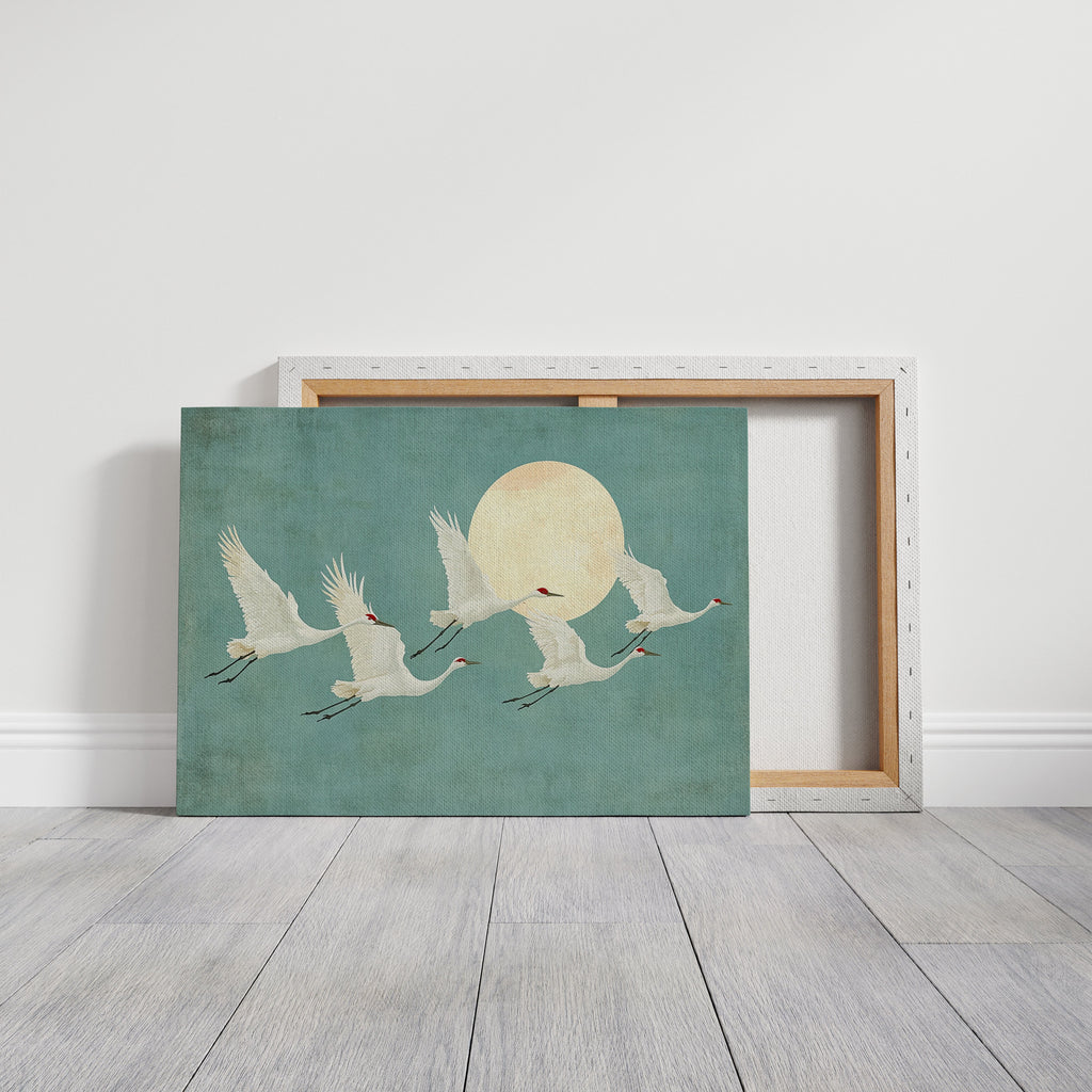 Japanese Crane Wall Art – Minimalist Blue & Gold Crane Print