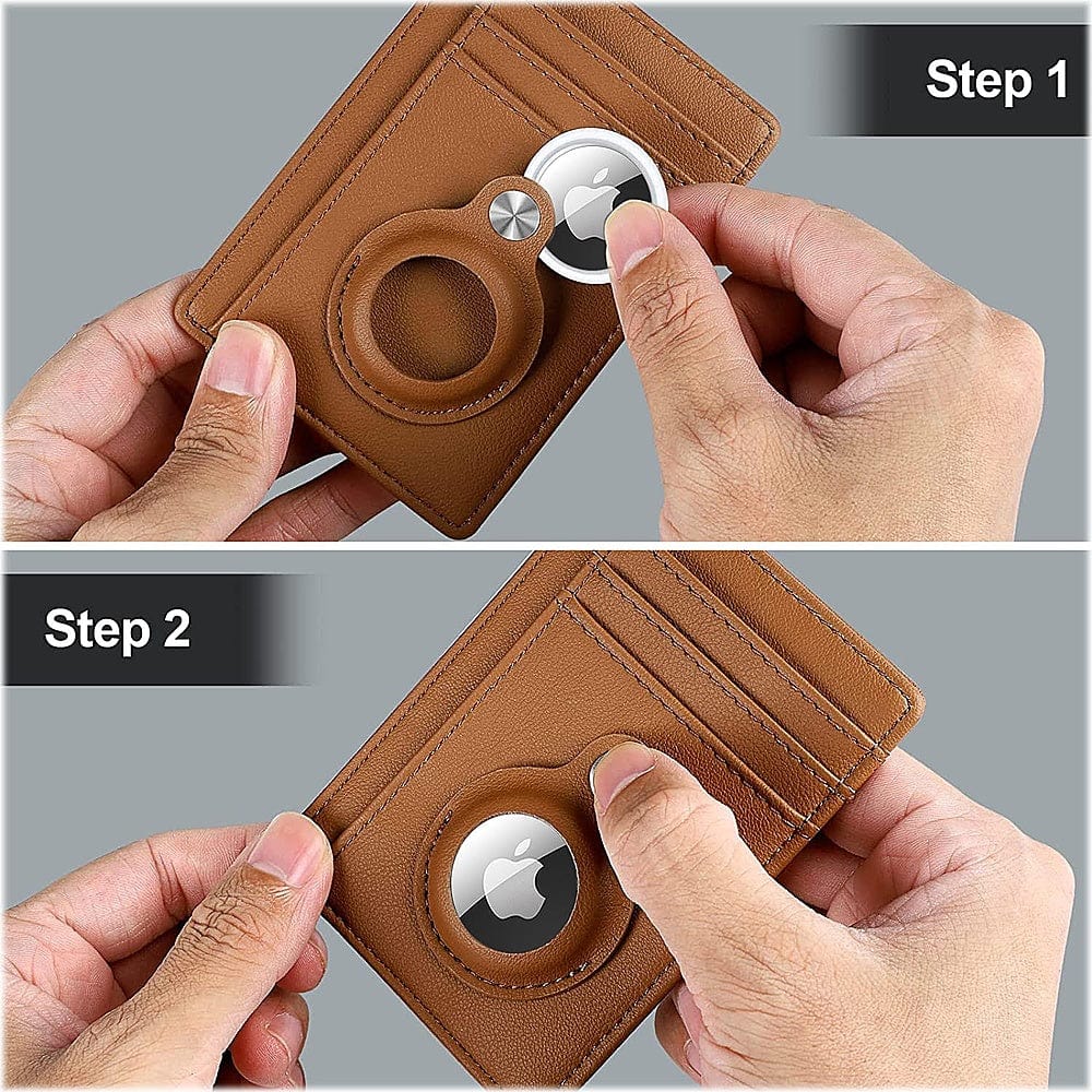 Slim Genuine Leather Wallet Case for Apple AirTag - Brown