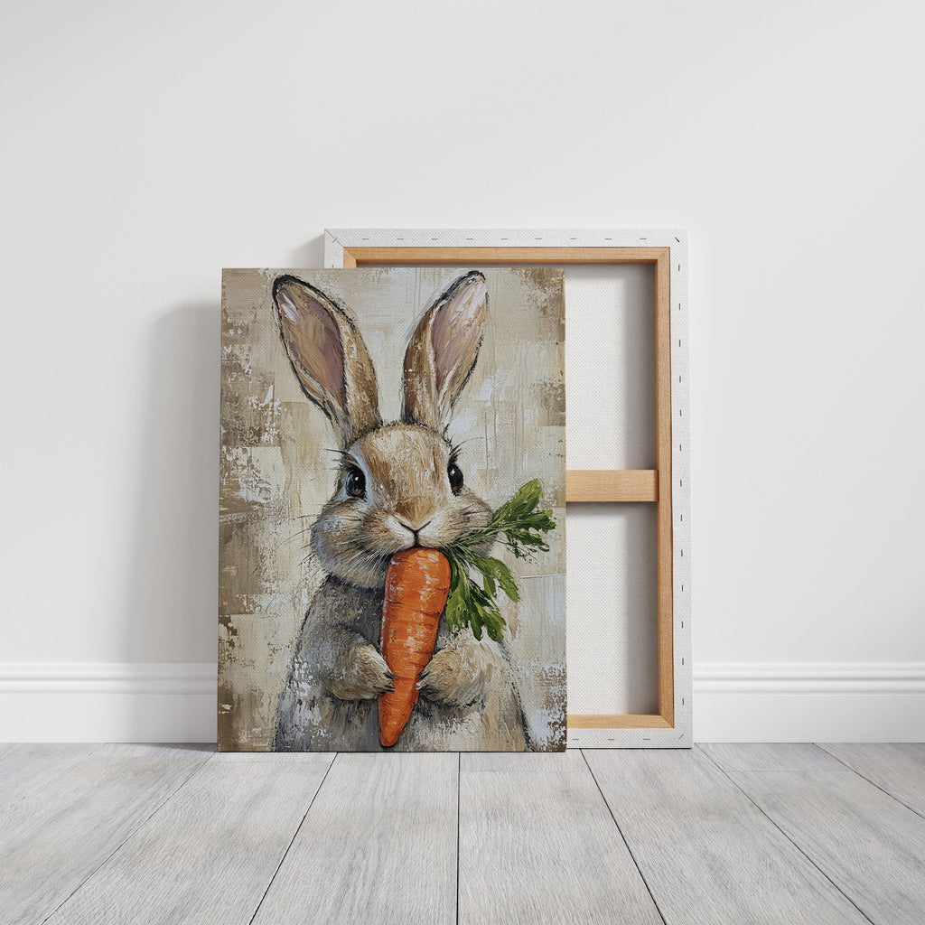 Adorable Bunny with Carrot – Rustic Farmhouse Animal Wall Art Print