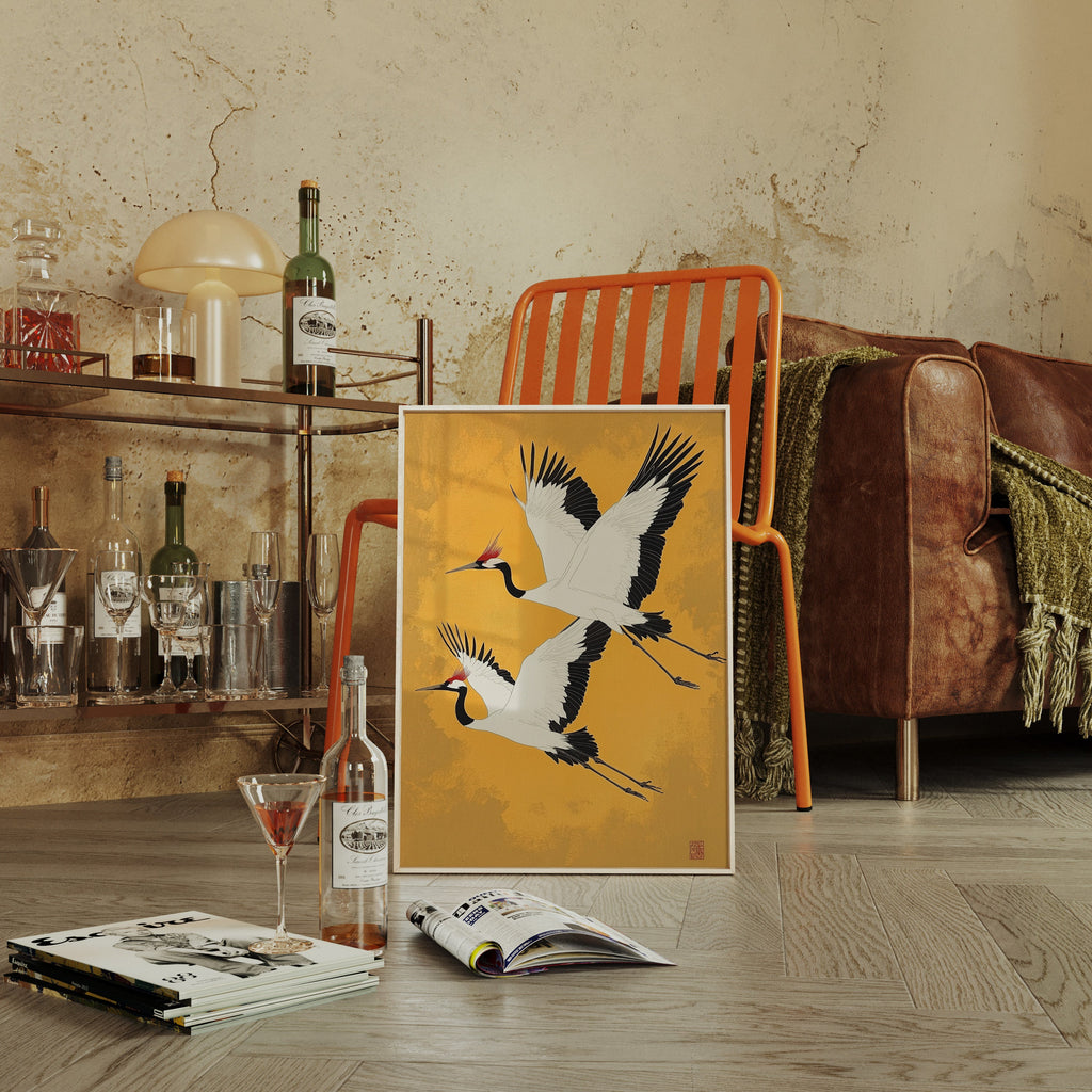 Japanese Red-Crowned Cranes – Elegant Minimalist Wall Art