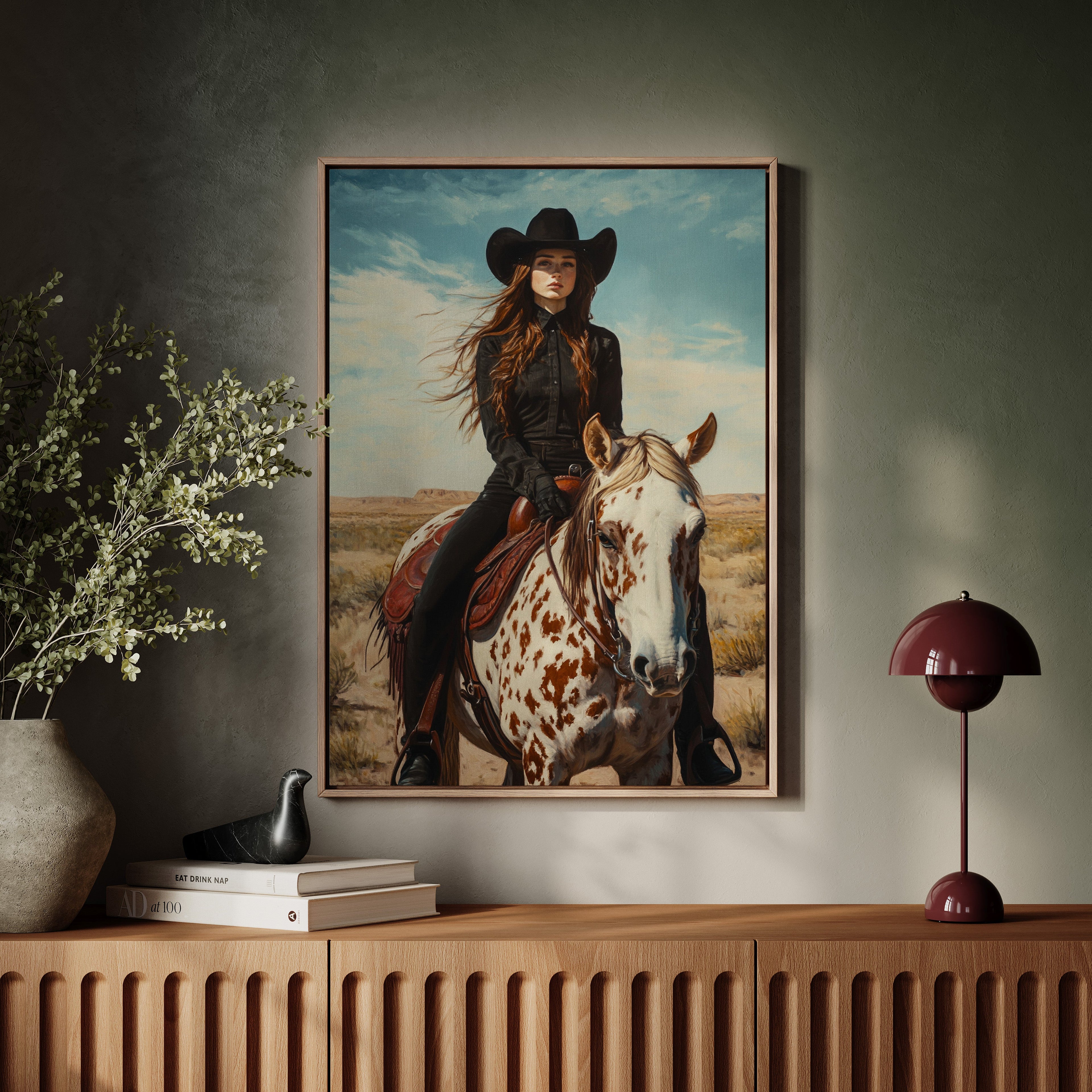 Desert Reins – Cowgirl on Paint Horse Portrait