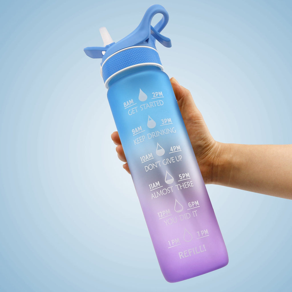 1000ml Motivational Straw Water Bottle with Spray & Time Marker