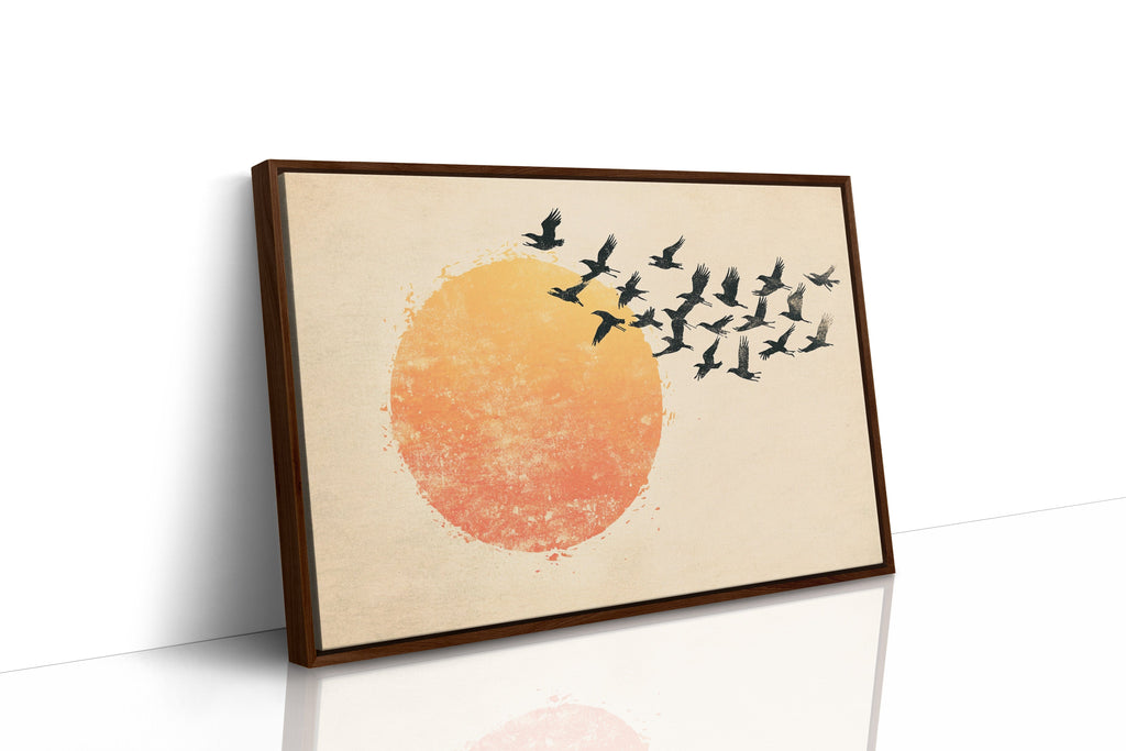 Minimalist Japanese Birds & Sun Print – Vintage Ink Illustration