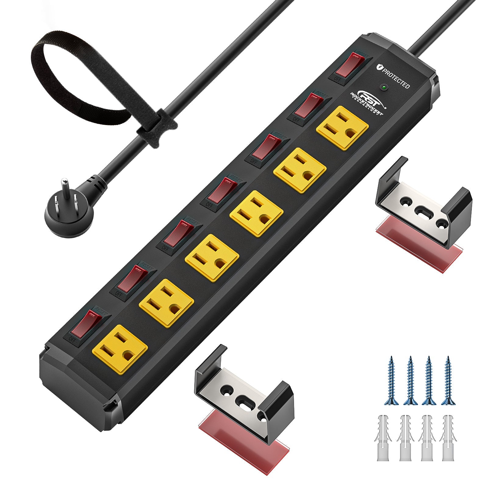 CRST 6-Outlet Metal Power Strip Surge Protector with Individual Switches, Versatile Mounting System